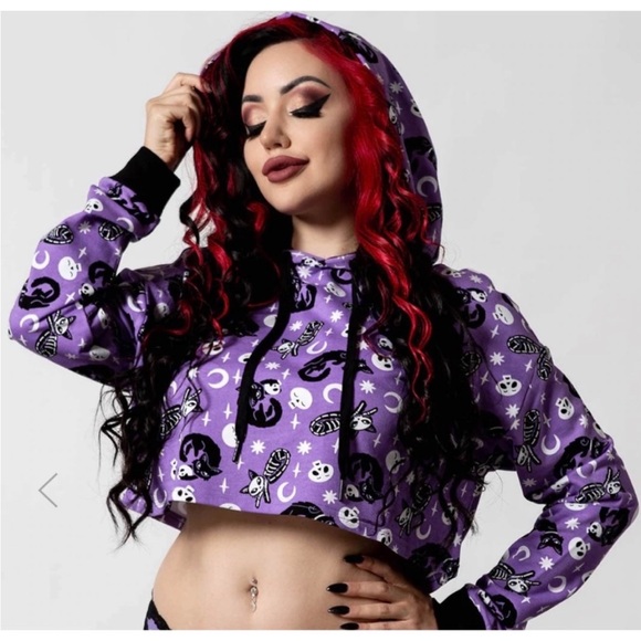 Killstar Tops - Killstar Purr Off Cropped Hoodie Purple Black Spooky Grunge Goth Punk Halloween